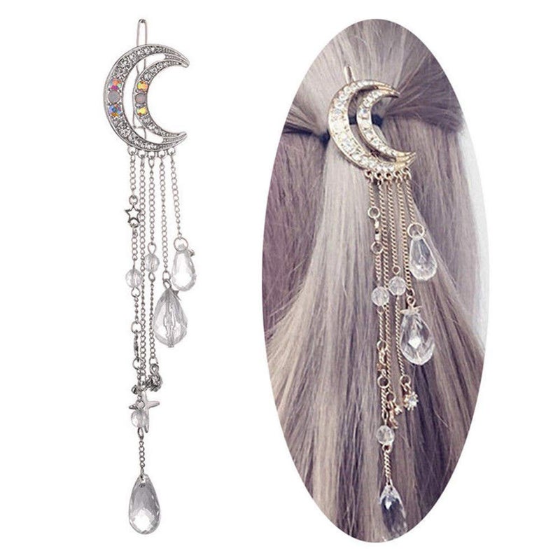 Queenland Romantic Crescent Moon Star Crystal Dangle Hairpin Rhinestone Beads Hair Clips Bridal Jewelry Tassel Drop Hair Pins Bobby Pins For Women Girls Hair Accessories (Silver) - Image 2